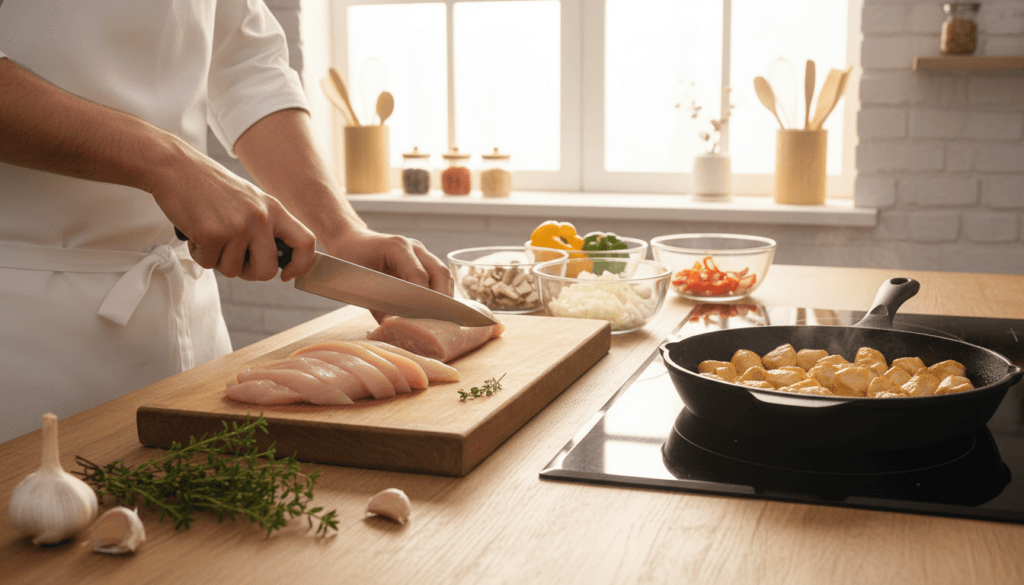 como fazer strogonoff de frango cortando frango com cogumelos e legumes na cozinha
