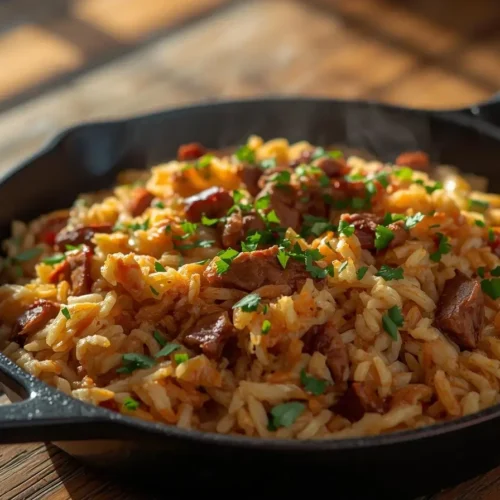 arroz carreteiro tradicional com carne seca em panela de ferro, prato típico brasileiro saboroso