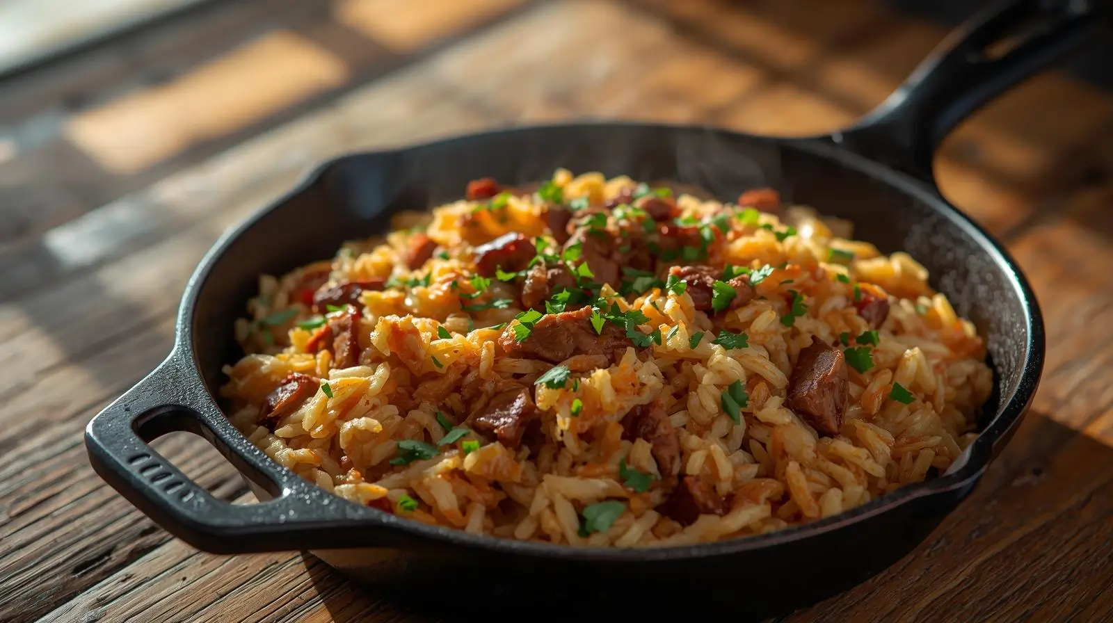arroz carreteiro tradicional com carne seca em panela de ferro, prato típico brasileiro saboroso