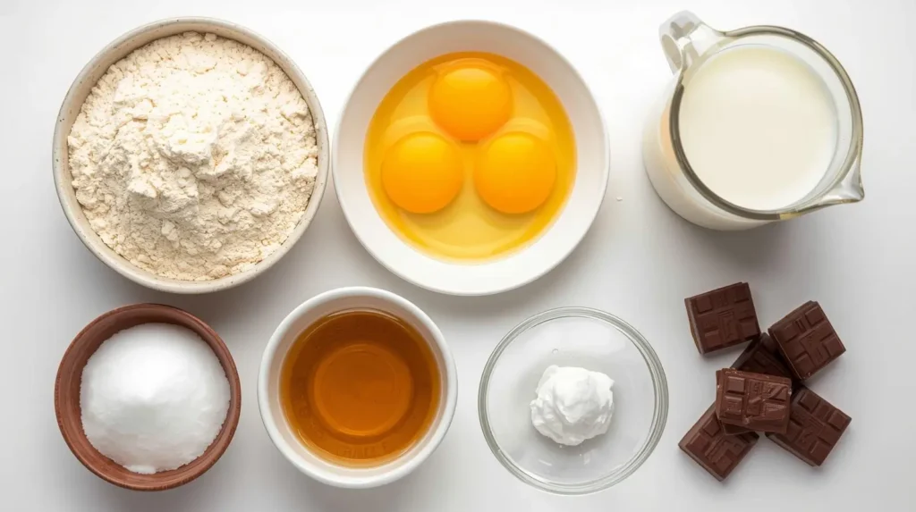 ingredientes para bolo de caneca no micro-ondas com farinha, ovos, leite, açúcar, óleo e chocolate em mesa branca