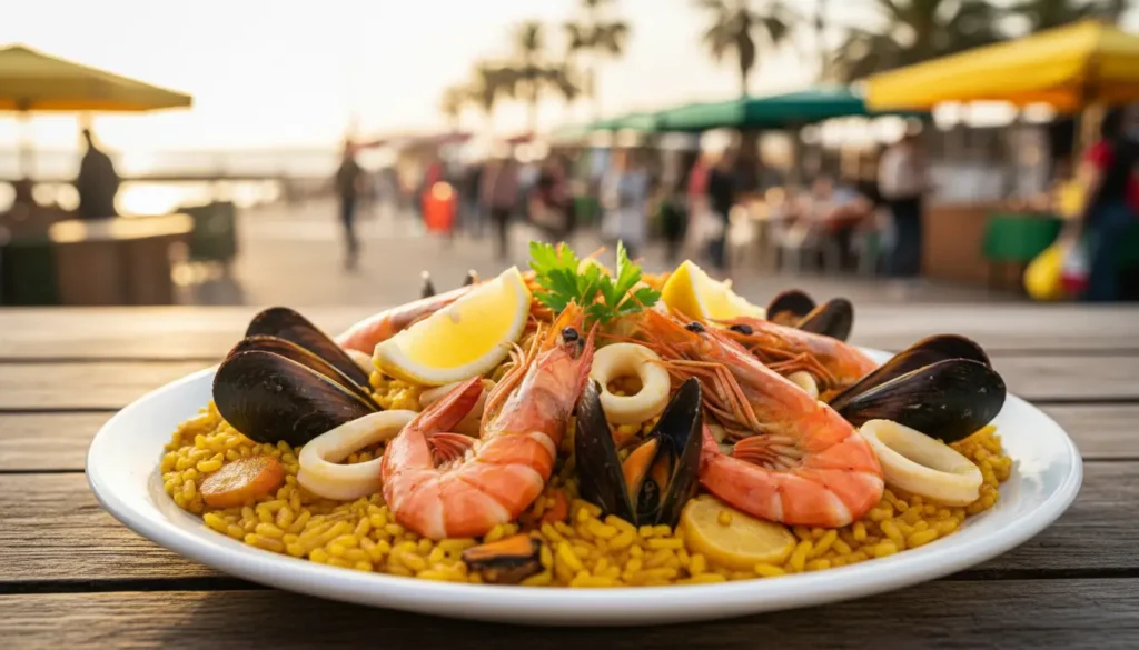 Deliciosa paella de frutos do mar com camarão fresco e frutos do mar servida ao ar livre