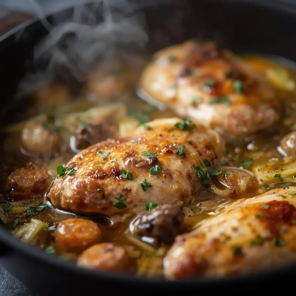 Fricassê de frango cremoso com milho, frango dourado suculento em molho cremoso