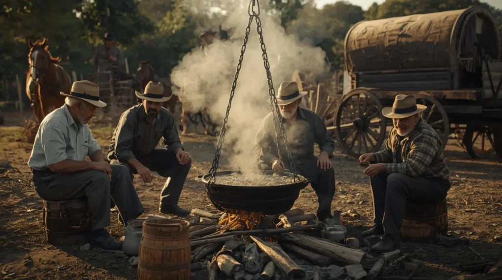 Tropeiros preparando arroz carreteiro tradicional em fogo de lenha no sul do Brasil, cena rústica com carroça e cavalos
