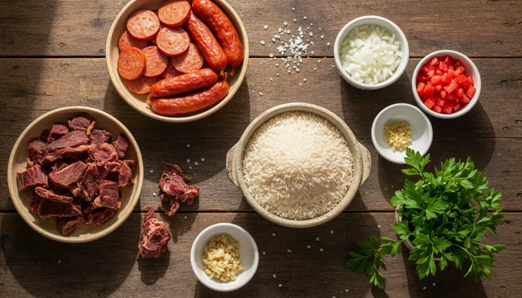 Ingredientes do arroz carreteiro tradicional com carne seca, linguiça, arroz, alho, cebola, tomate e cheiro-verde sobre mesa rústica