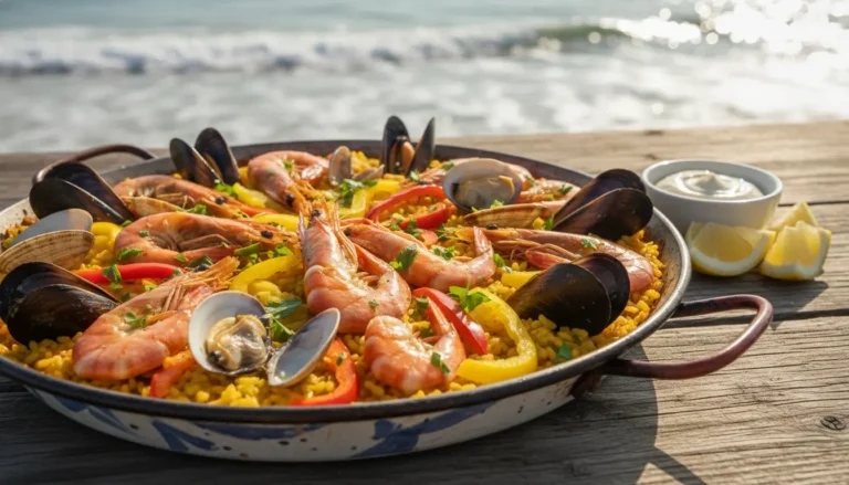 Paella de frutos do mar com camarão, mexilhões e limão, prato tradicional espanhol fácil de preparar