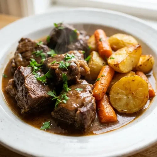 Carne assada na pressão macia e suculenta com batatas e molho caseiro