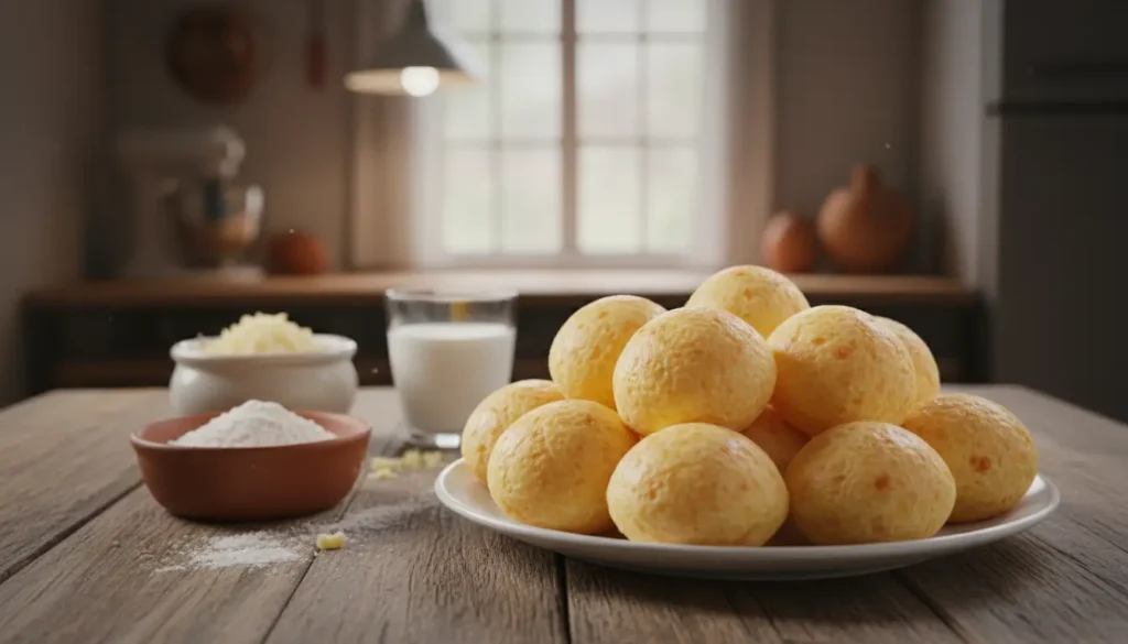 Pães de queijo brasileiros de 3 ingredientes frescos e dourados com leite e polvilho ao fund