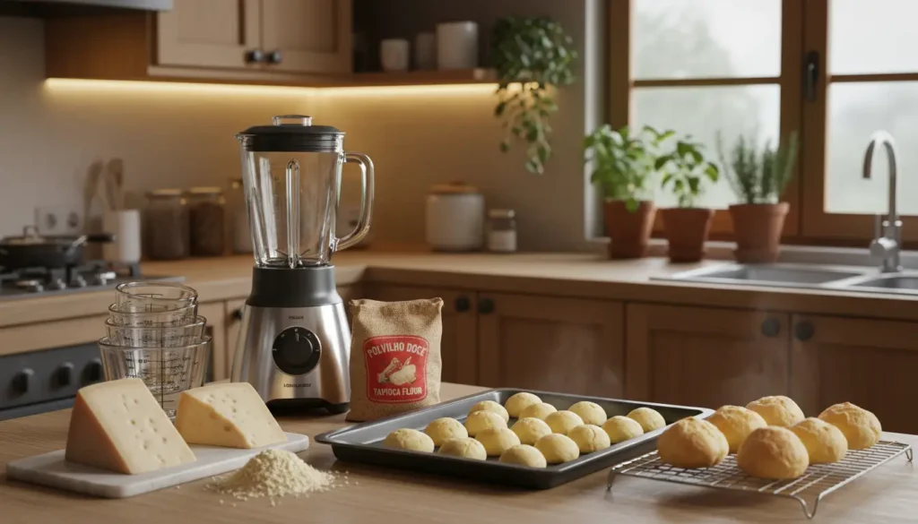 Preparo do pão de queijo 3 ingredientes no liquidificador com massa na assadeira e ingredientes na cozinha