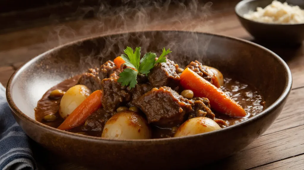 carne cozida com legumes suculenta com cenoura e batata em molho caseiro quente