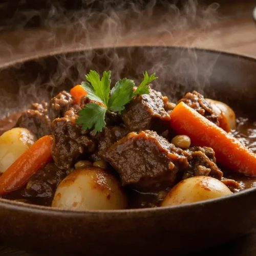 carne cozida com legumes suculenta com cenoura e batata em molho caseiro quente