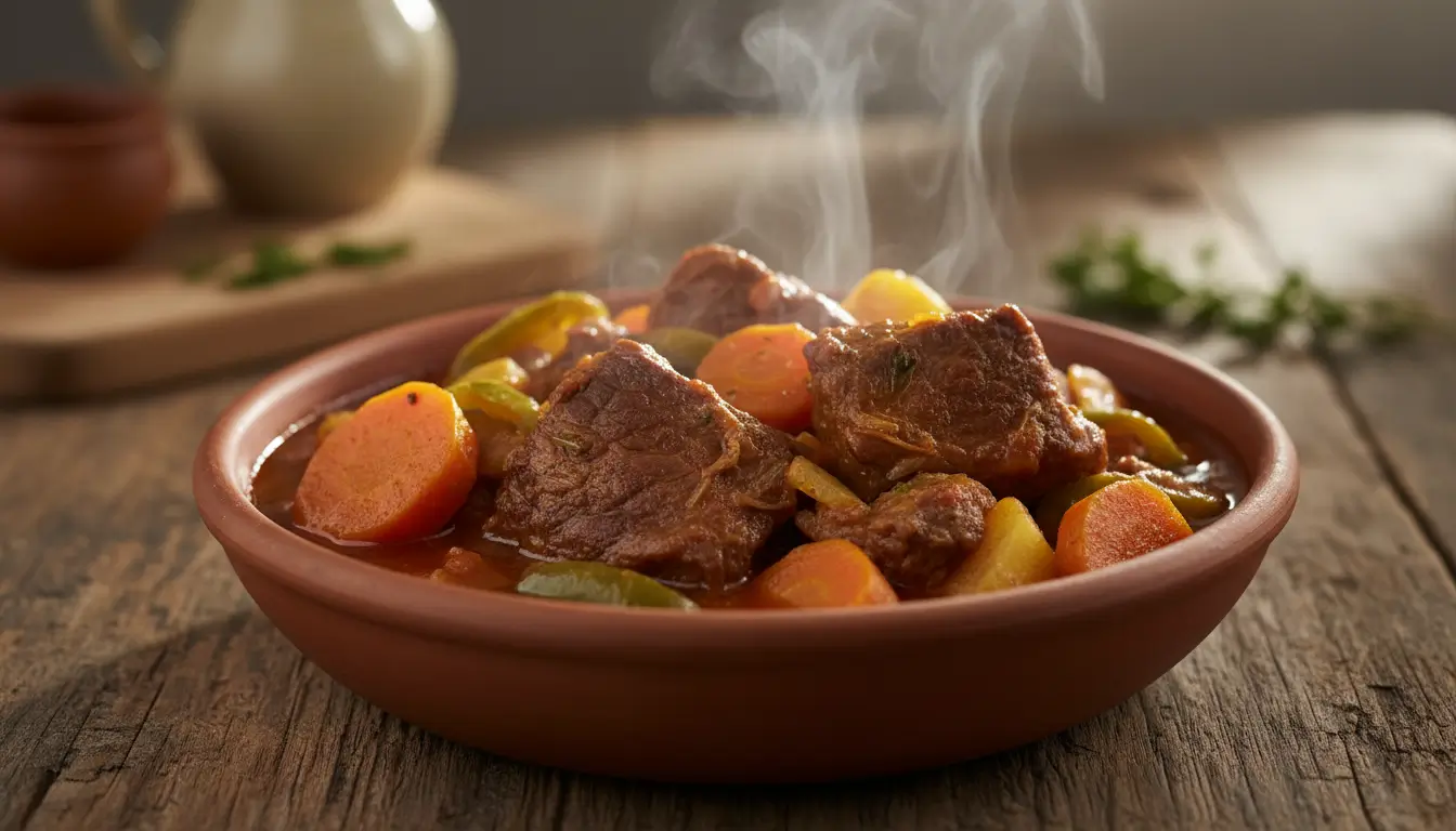 carne cozida com legumes suculenta com cenoura e batata em molho caseiro quente