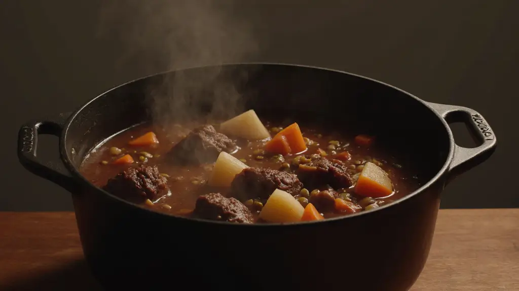 carne de panela com legumes cozinhando lentamente com vapor e molho rico