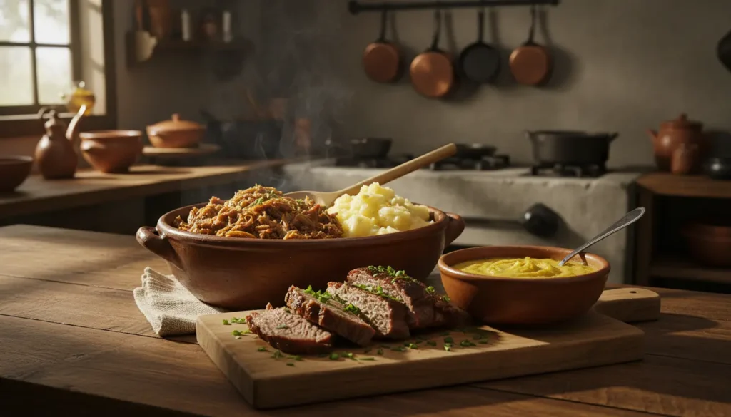 carne de sol com macaxeira servida em cozinha rústica brasileira com purê e farofa