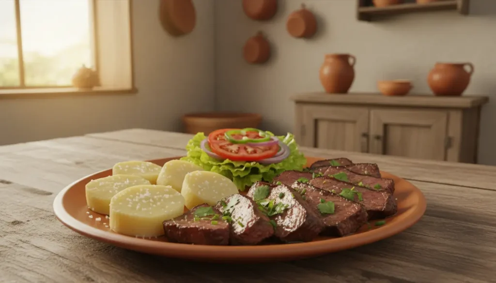 carne de sol com macaxeira cozida e salada prato nordestino simples