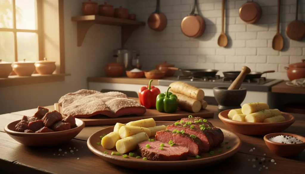 ingredientes carne de sol com macaxeira cozinha nordestina tradicional brasileira