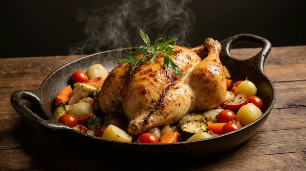 frango assado simples e suculento com batatas e vegetais