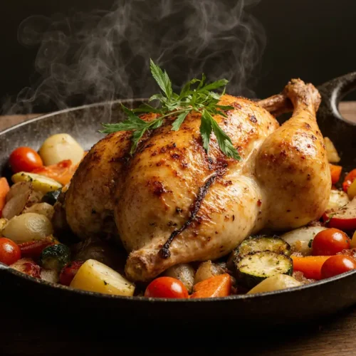 frango assado simples e suculento com batatas e vegetais