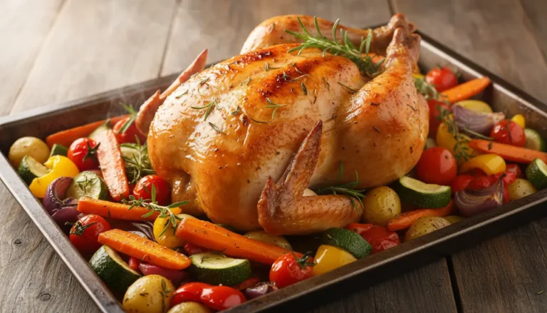 Frango assado simples e suculento dourado com legumes assados coloridos servido em travessa rústica