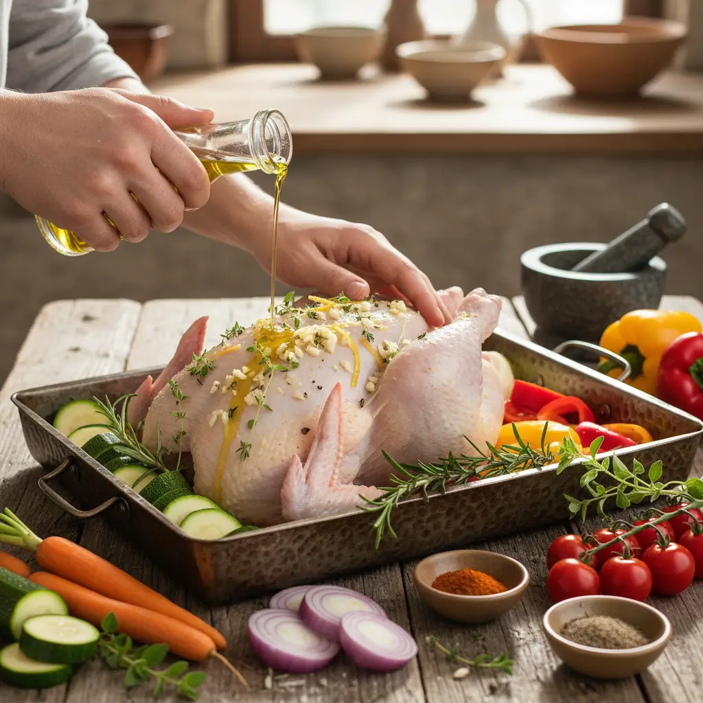Preparação do frango assado com azeite e ervas sendo aplicado sobre frango cru com legumes frescos em assadeira