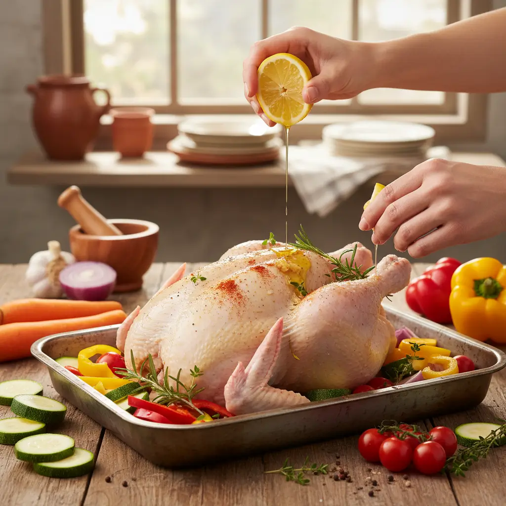 Frango cru sendo temperado com suco de limão e ervas antes de assar com legumes frescos