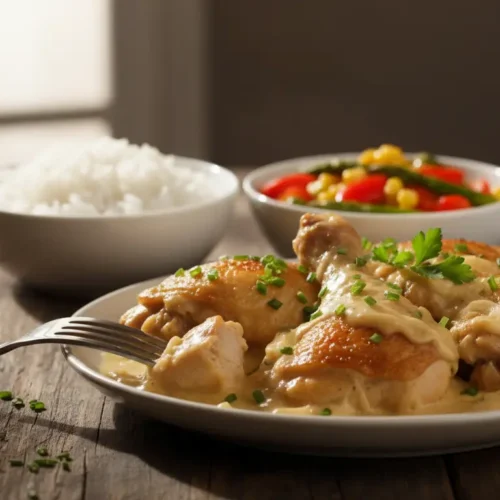 frango ao creme de cebola cremoso servido com arroz e legumes