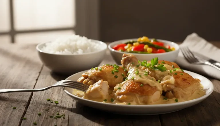 frango ao creme de cebola cremoso servido com arroz e legumes