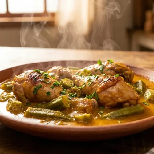 Frango com quiabo simples servido com arroz e molho caseiro quente