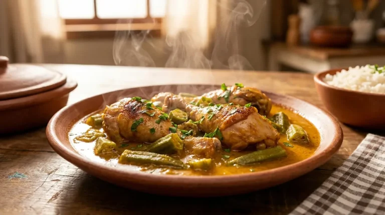 Frango com quiabo simples servido com arroz e molho caseiro quente