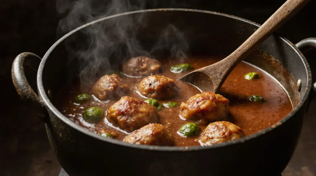 Frango com quiabo tradicional sendo preparado em panela rústica com molho caseiro