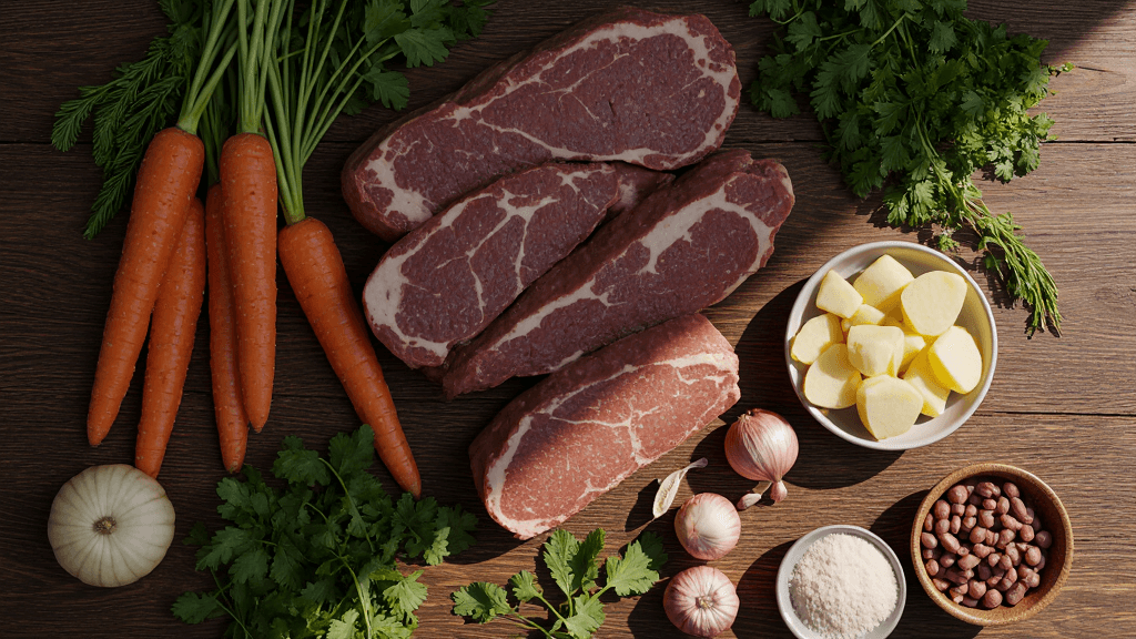 ingredientes para carne de panela com legumes com carne crua e vegetais frescos