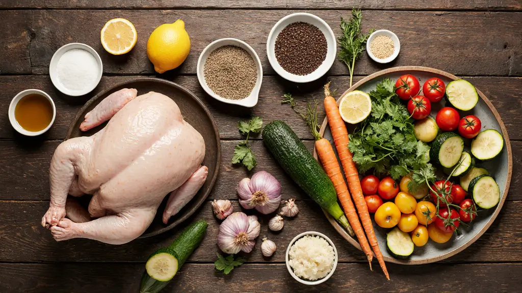 Ingredientes para frango assado simples e suculento com frango cru, legumes frescos e temperos naturais organizados