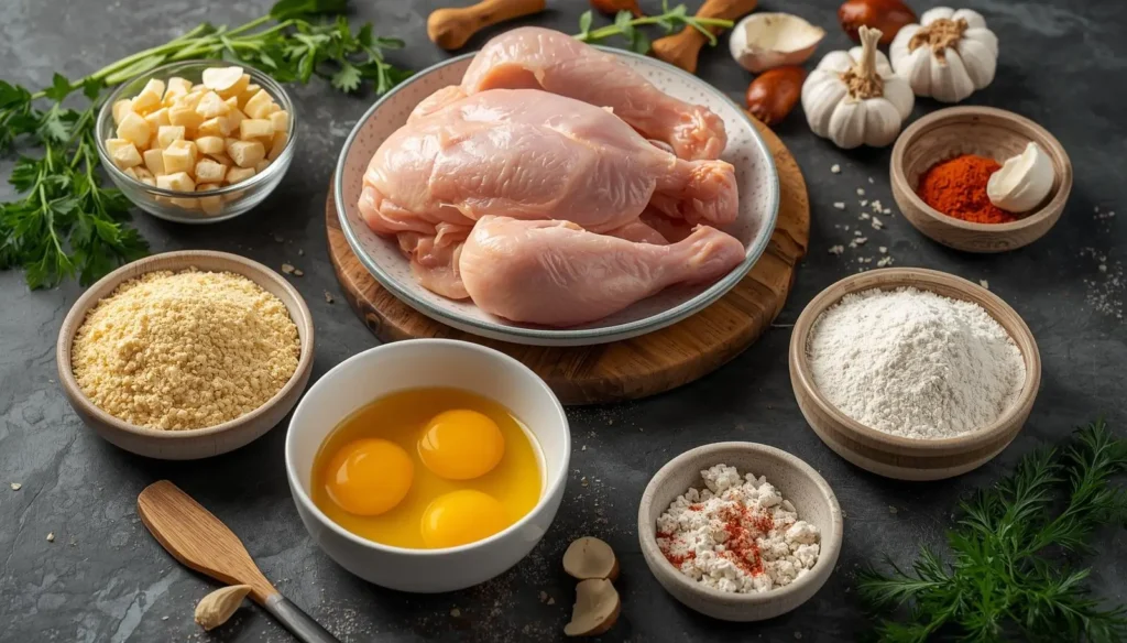 ingredientes para frango na airfryer crocante com frango cru, ovos, farinha, pão ralado e temperos