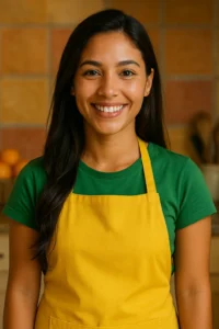 Mulher jovem sorridente, vestindo avental amarelo sobre camiseta verde, em uma cozinha