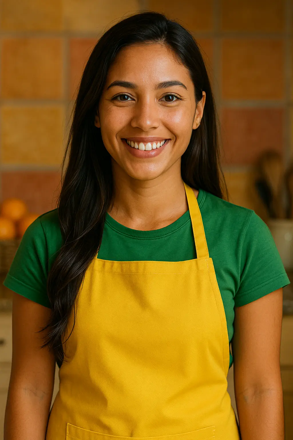 Mulher sorridente com avental amarelo na cozinha