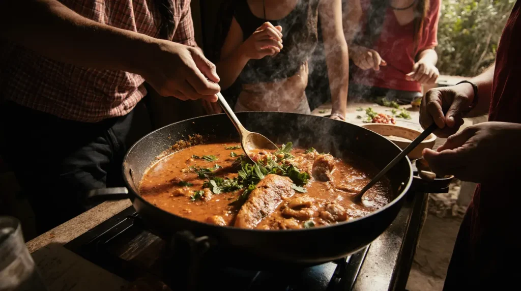 preparo de moqueca de peixe em panela com pessoas cozinhando juntas, ambiente caseiro brasileiro
