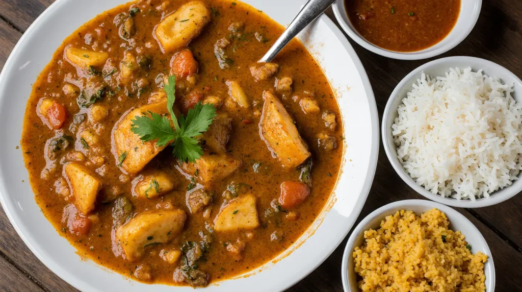 moqueca de peixe pirarucu cremosa servida com arroz branco e farofa, prato brasileiro completo