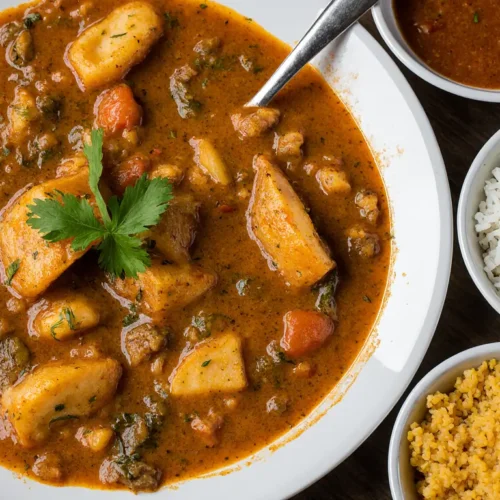 moqueca de peixe pirarucu cremosa servida com arroz branco e farofa, prato brasileiro completo