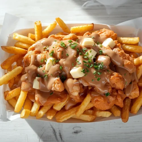 Poutine cremoso de frango com batatas fritas crocantes, molho gravy e queijo derretido