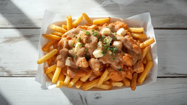 Poutine cremoso de frango com batatas fritas crocantes, molho gravy e queijo derretido