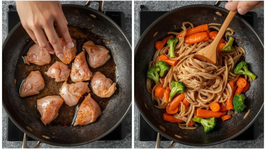 Passo a passo do yakisoba japonês de frango com legumes sendo salteados na panela