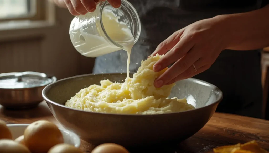 purê de batata cremoso fácil sendo preparado com leite e manteiga em cozinha caseira