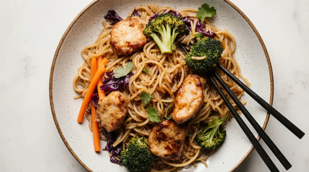 Yakisoba japonês de frango com legumes salteados e macarrão ao molho shoyu