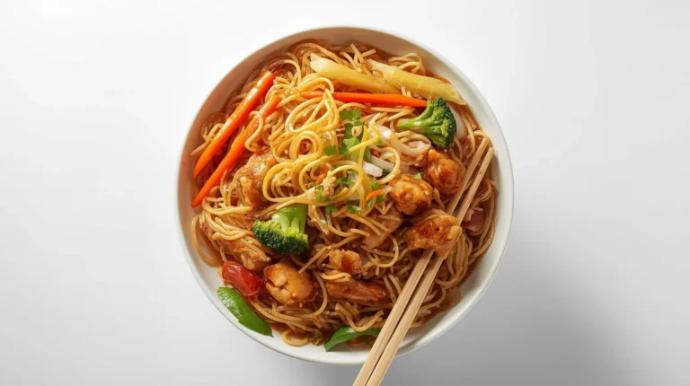 Yakisoba japonês de frango com legumes salteados e macarrão ao molho shoyu