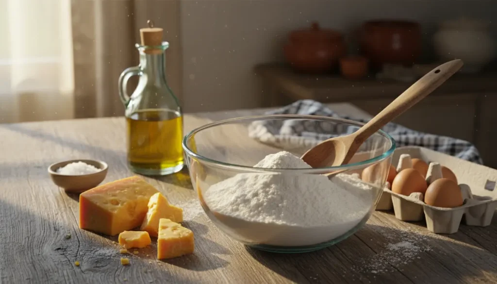 Preparação do pão de queijo com 3 ingredientes básicos em cozinha iluminada