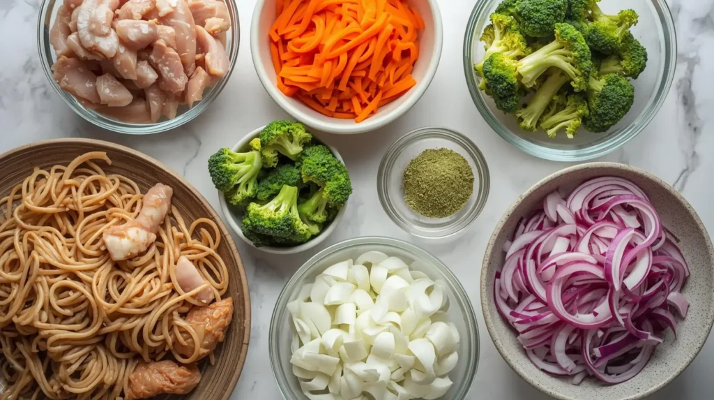 Ingredientes do yakisoba de frango com legumes frescos e macarrão oriental