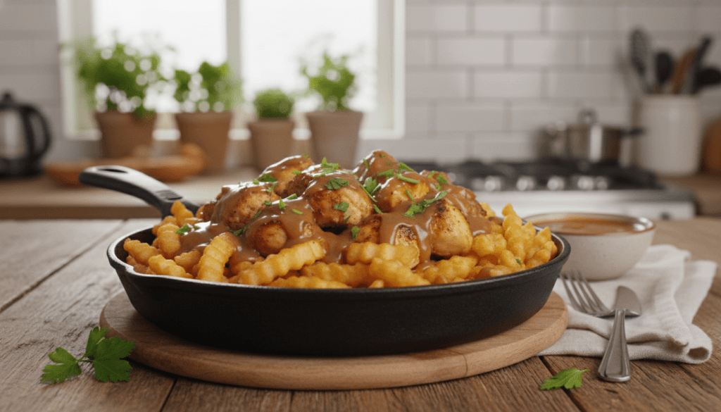 batata frita com molho e frango em poutine cremoso batata frita com molho e frango em poutine cremoso