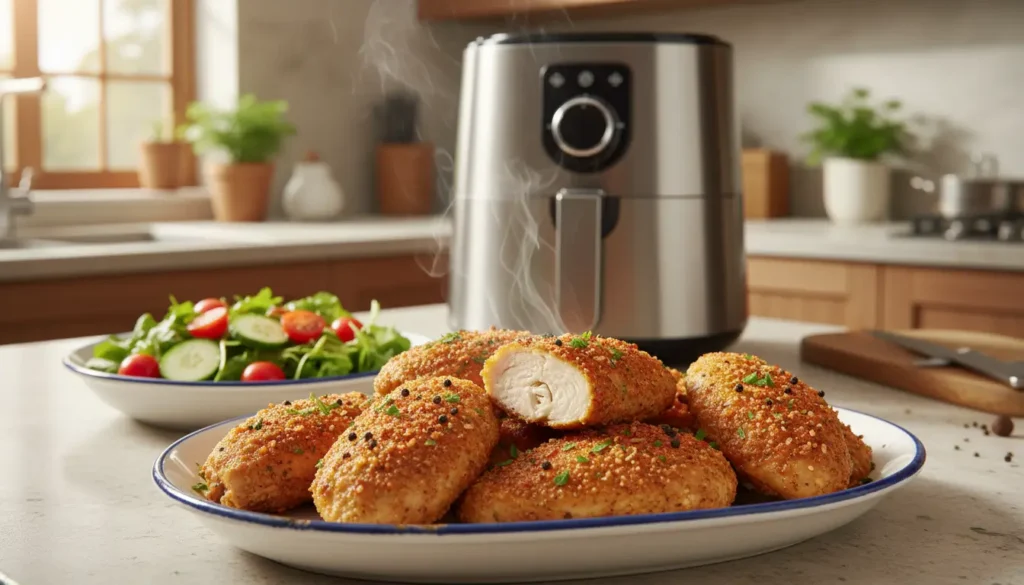 frango crocante na airfryer com textura dourada e salada de legumes ao lado