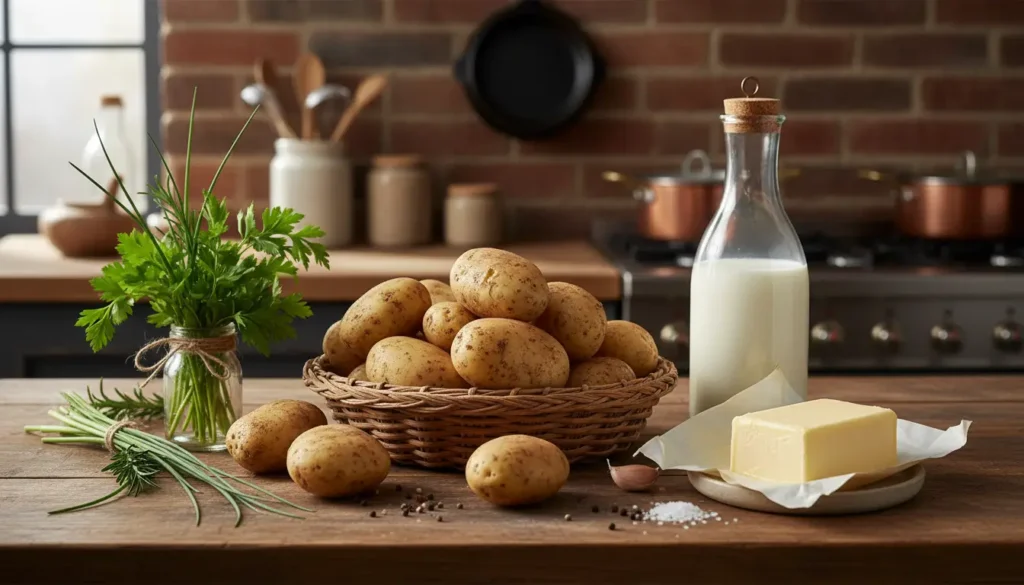 ingredientes frescos para purê de batata com batatas manteiga leite e ervas