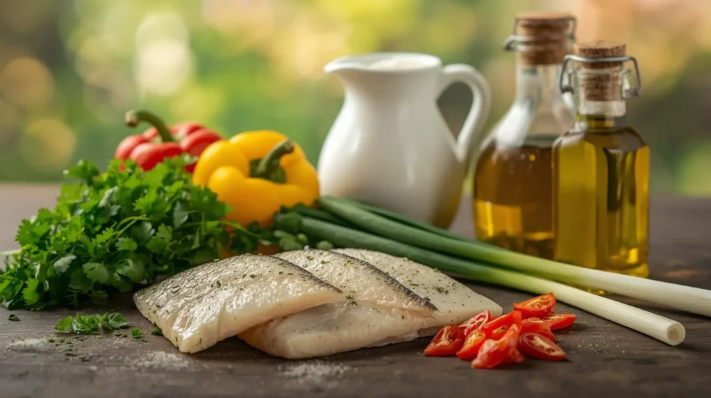 ingredientes frescos para moqueca de peixe pirarucu com legumes, azeite e ervas naturais