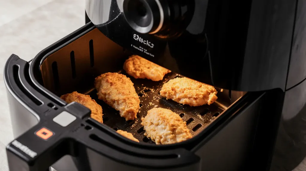 frango na airfryer cozinhando na cesta com textura crocante e dourada sem óleo
